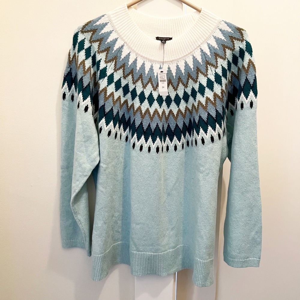 NWT Talbots Chevron Fair Isle Sweater 2X Mockneck Blue Colorful Soft Winter